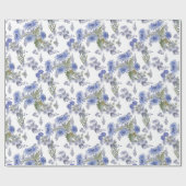 Papier Cadeau Aquarelle bleu fleurs roses plumes blanc (Plat)