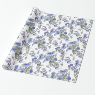 Papier Cadeau Aquarelle bleu fleurs roses plumes blanc