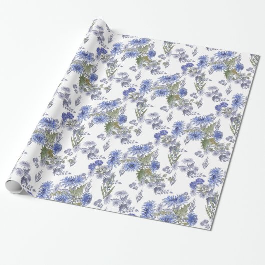 Papier Cadeau Aquarelle bleu fleurs roses plumes blanc (Déroulé)