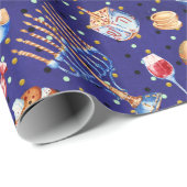 Papier Cadeau Aquarelle bleu Hanoukka Chanukah Gold (Coin rond)