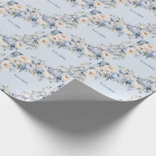 Papier Cadeau Aquarelle Bleu Poussiéreux Fleurs d'Ivoire Feuille (Coin)