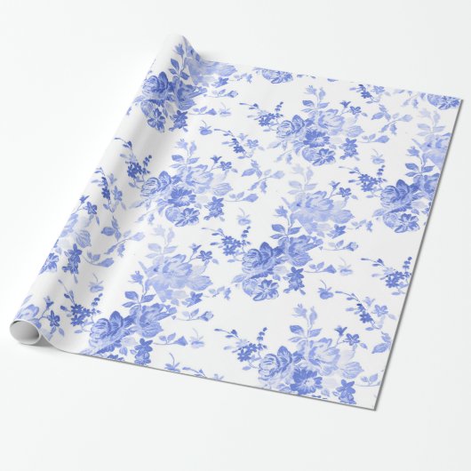 Papier Cadeau Aquarelle bleue Floral (Déroulé)