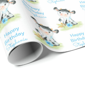 Papier Cadeau Aquarelle bleue Petite vache