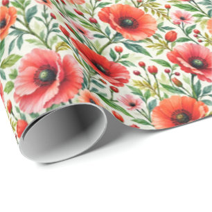 Papier Cadeau Aquarelle botanique de pavots corail