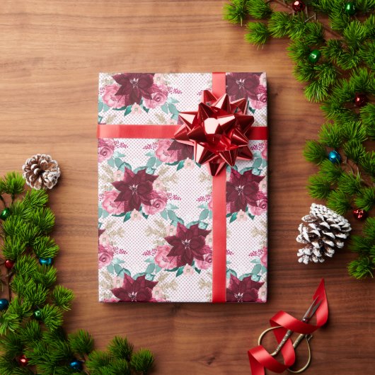 Papier Cadeau Aquarelle Bourgogne de Noël Poinsettia (Cadeau de vacances)