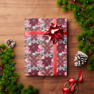 Papier Cadeau Aquarelle Bourgogne de Noël Poinsettia