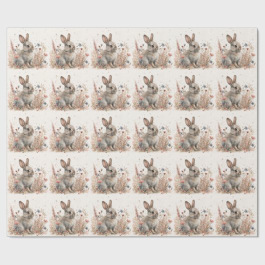 Papier Cadeau Aquarelle Bunny & Flores : Art du printemps (Plat)