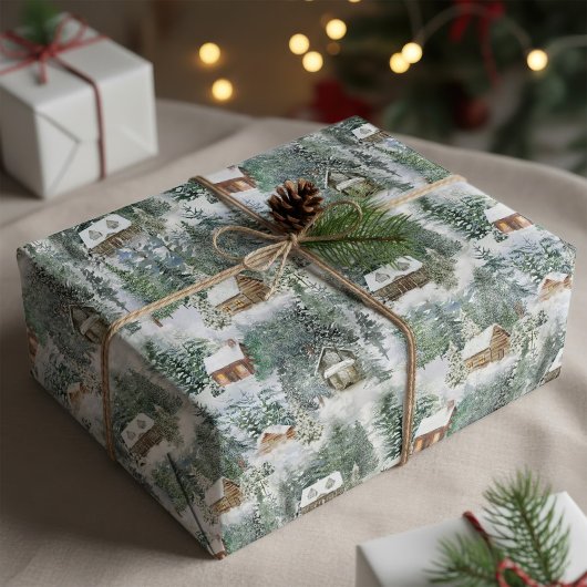 Papier Cadeau Aquarelle Cabine du bois de Noël