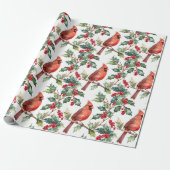 Papier Cadeau Aquarelle Cardinal Rouge Holly Berry Art de Noël (Déroulé)