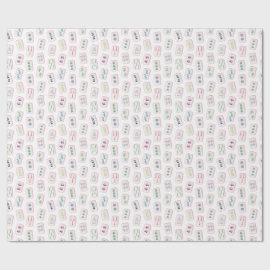 Papier Cadeau Aquarelle Carreaux de Mahjong rose et vert (Plat)