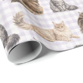 Papier Cadeau Aquarelle Chat à Poils Longs Gingham (Coin rond)