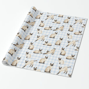 Papier Cadeau Aquarelle Chat Siamois Gingham Bleu