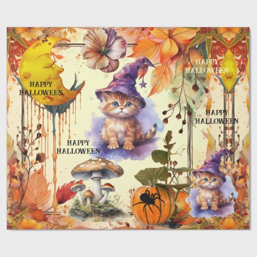 Papier Cadeau Aquarelle Chat Sorcière Halloween heureux (Plat)