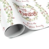 Papier Cadeau Aquarelle Chickadee Birds Joyeux Noël Wreath (Coin rond)