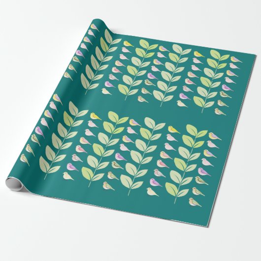 Papier Cadeau Aquarelle Chickadees & Feuilles (Déroulé)