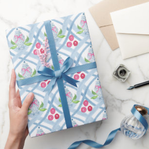 Papier Cadeau Aquarelle Chinoiserie Bleu et rose Ginger Jars