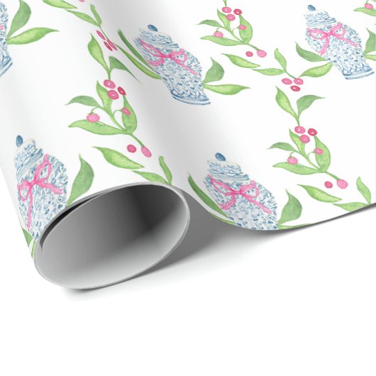 Papier Cadeau Aquarelle Chinoiserie Bleu et rose Ginger Jars (Coin rond)