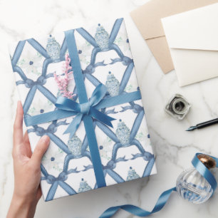 Papier Cadeau Aquarelle Chinoiserie Bleu Floral Ginger Jars