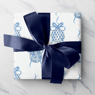 Papier Cadeau Aquarelle Chinoiserie Bleu ornements de Noël