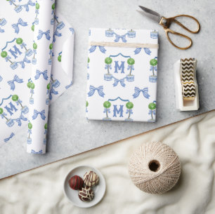 Papier Cadeau Aquarelle Chinoiserie Bleu Topio Monogramme Crest