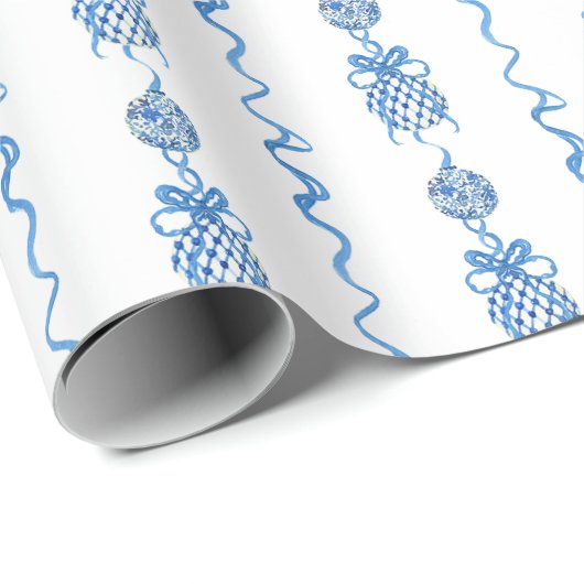 Papier Cadeau Aquarelle Chinoiserie Blue Bow Garland Noël (Coin rond)