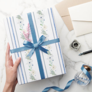 Papier Cadeau Aquarelle Chinoiserie Blue Christmas Flowers