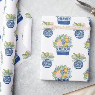 Papier Cadeau Aquarelle Chinoiserie Mandarins & Hydrangeas