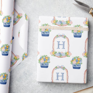 Papier Cadeau Aquarelle Chinoiserie Mandarins Monogram Crest