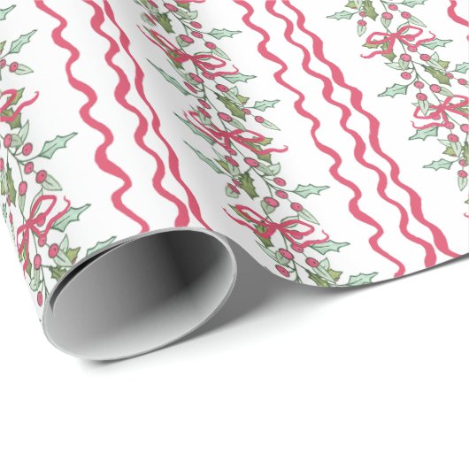 Papier Cadeau Aquarelle Chinoiserie Noël Rouge Bow Mistletoe (Coin rond)