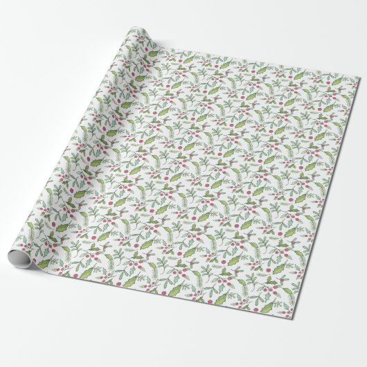 Papier Cadeau Aquarelle Chinoiserie Noël Rouge Bow Mistletoe (Déroulé)