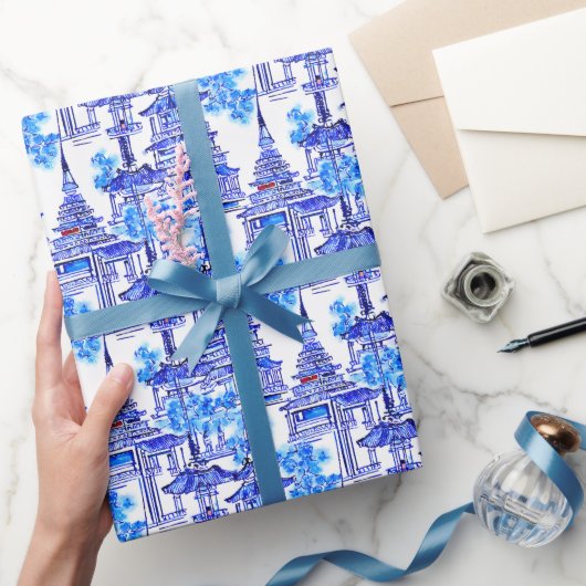 Papier Cadeau Aquarelle Chinoiserie Pagode Bleue (Cadeaux)