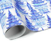 Papier Cadeau Aquarelle Chinoiserie Pagode Bleue (Coin rond)