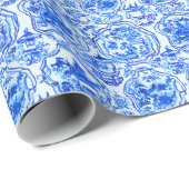 Papier Cadeau Aquarelle Chinoiserie Pagode Bleue (Coin rond)