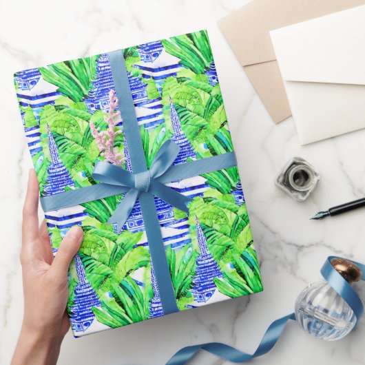 Papier Cadeau Aquarelle Chinoiserie Pagode Bleue (Cadeaux)