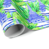 Papier Cadeau Aquarelle Chinoiserie Pagode Bleue (Coin rond)