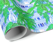 Papier Cadeau Aquarelle Chinoiserie Pagode Bleue (Coin rond)