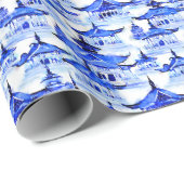 Papier Cadeau Aquarelle Chinoiserie Pagode Bleue (Coin rond)