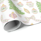 Papier Cadeau Aquarelle Chinoiserie rose Baubles Arbre de Noël (Coin rond)