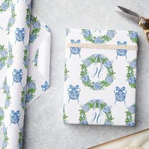 Papier Cadeau Aquarelle Chinoiserie Wreath Noël Monogramme