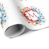 Papier Cadeau Aquarelle colorée Monogramme de couronne de Noël (Coin rond)