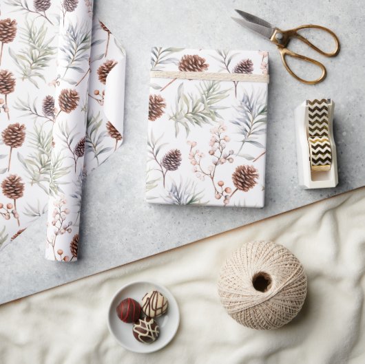 Papier Cadeau Aquarelle cônes et branches de pin avec baies (Artisanat)