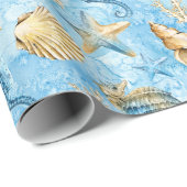 Papier Cadeau Aquarelle Coquillages Hippocampe de mer Astérie (Coin rond)