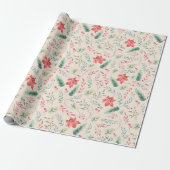 Papier Cadeau Aquarelle Crème de fleurs rouges vert de Noël (Déroulé)