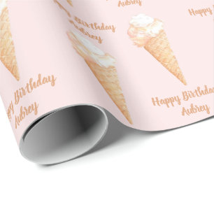Papier Cadeau Aquarelle Crème de glace rose Personnalisée Annive