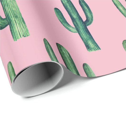 Papier Cadeau Aquarelle de cactus vert. Motif botanique. Rose (Coin rond)
