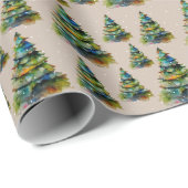 Papier Cadeau Aquarelle de Noël Arbre de neige Dessin (Coin rond)