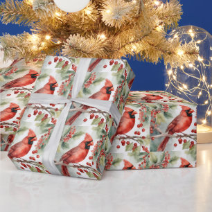 Papier Cadeau Aquarelle de Noël Cardinal rouge et baies