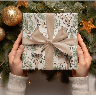 Papier Cadeau Aquarelle de Noël Cerfs et pins
