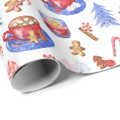Papier Cadeau Aquarelle de Noël Chocolat chaud et sucré (Coin rond)