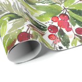 Papier Cadeau Aquarelle de Noël Festive Foliage Holly Berry (Coin rond)